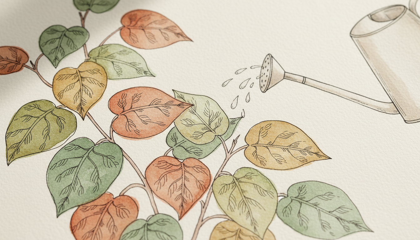 Arrosoir en cuivre vintage posé sur une table en bois à côté de plusieurs plantes d'intérieur verdoyantes, style aquarelle botanique lumineuse