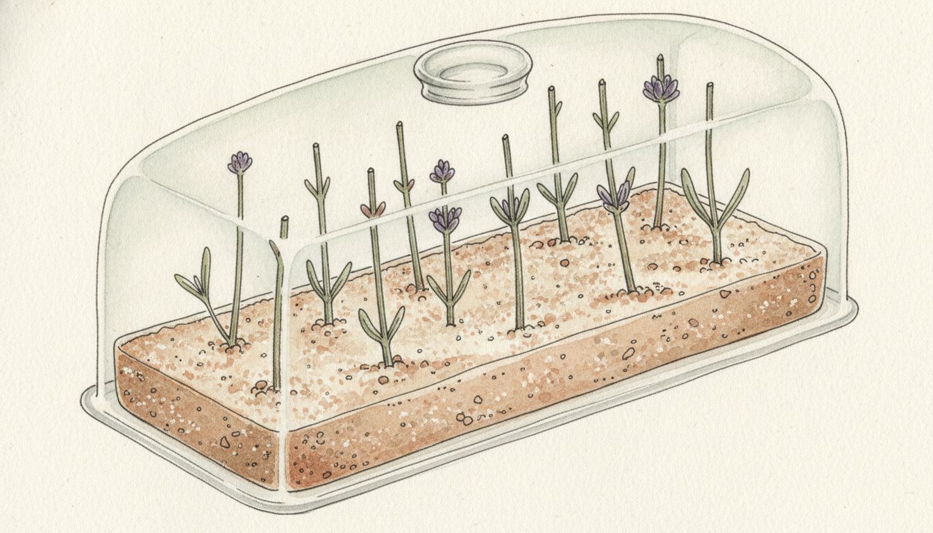 Boutures de lavande effeuillées piquées dans un bac de sable et terreau sous cloche, style aquarelle botanique