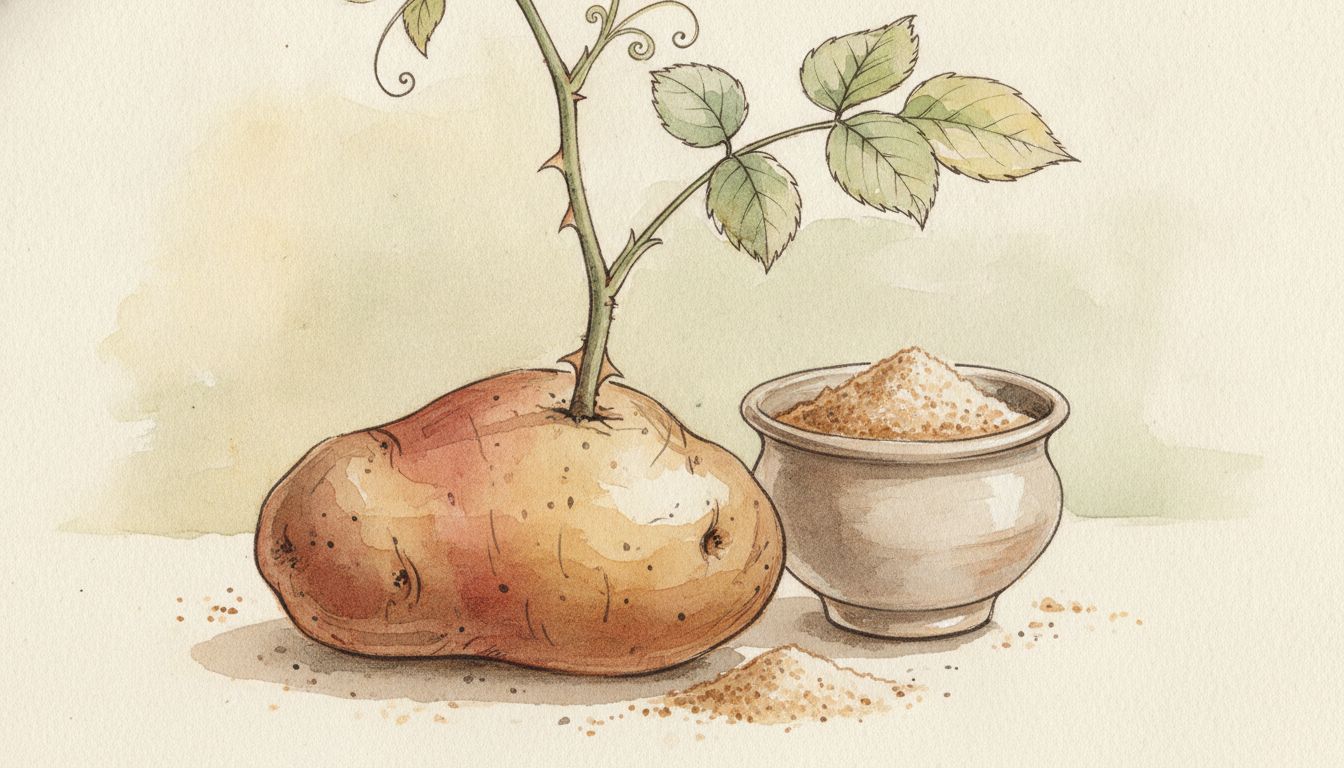 Tige de rosier effeuillée piquée dans une pomme de terre posée près d'un pot de sable, style aquarelle botanique