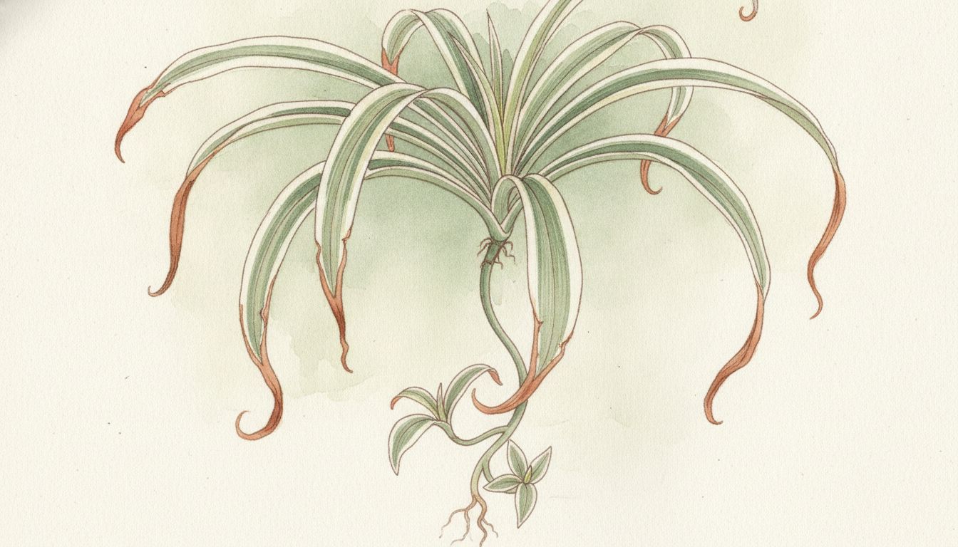 Chlorophytum comosum panaché dont les feuilles retombantes portent des extrémités brunes et sèches, avec un stolon garni de plantules, style aquarelle botanique