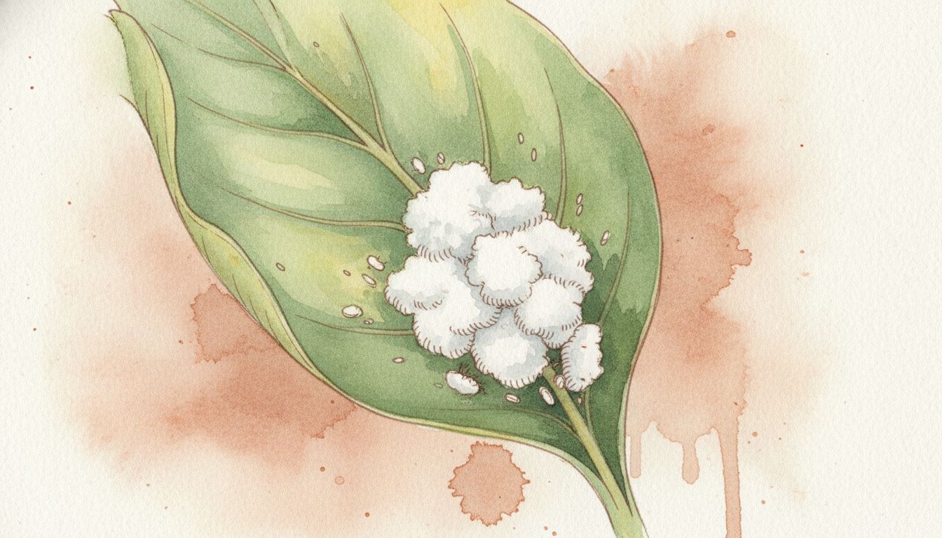 Amas cotonneux blancs de cochenilles farineuses à l'aisselle d'une feuille verte, style aquarelle botanique