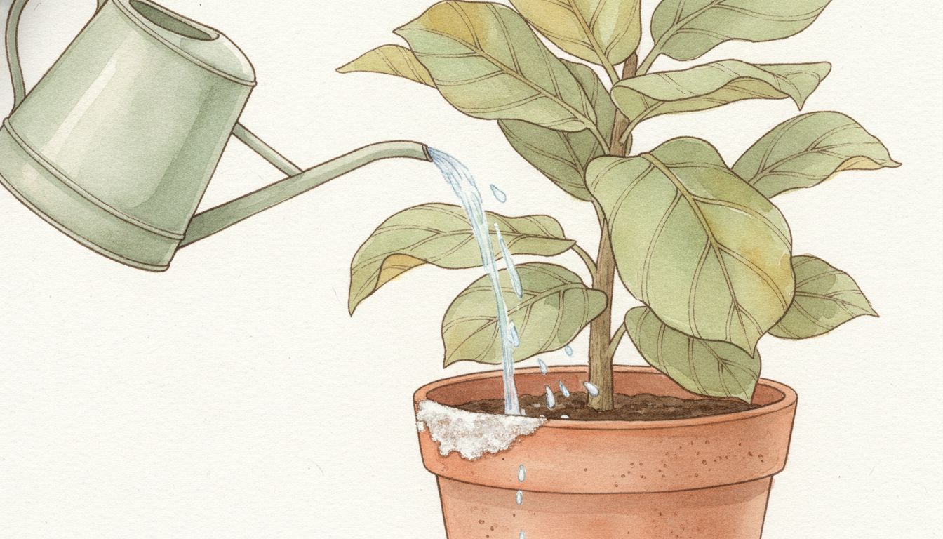 Arrosoir versant de l'eau sur une plante d'intérieur, dépôt blanc visible sur le bord du pot en terre cuite, style aquarelle botanique