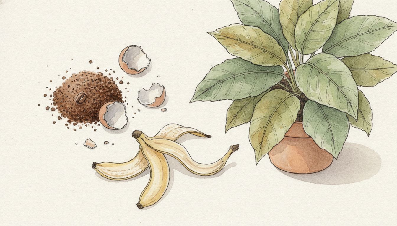 Plan de travail avec marc de café, coquilles d'œuf écrasées et peaux de banane à côté d'une plante verte en pot, style aquarelle botanique