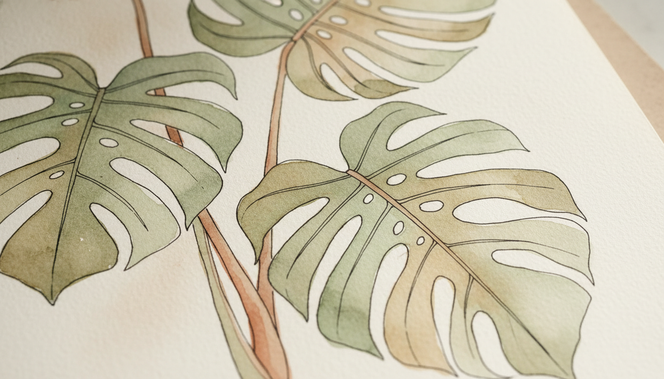 Grand Monstera deliciosa aux feuilles perforées vert profond luisantes sur tuteur mousse, appartement scandinave lumineux, style aquarelle botanique