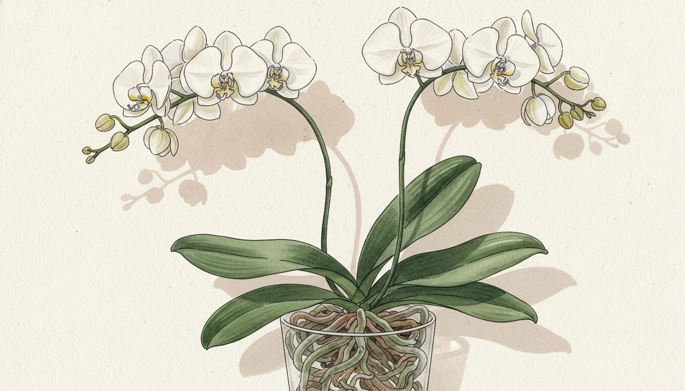 Orchidée Phalaenopsis blanche en fleurs dans un pot en verre transparent, racines vertes visibles, style aquarelle botanique