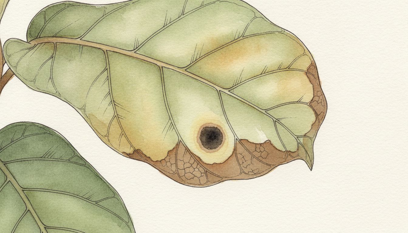 Grande feuille de Ficus lyrata portant une tache brune sèche sur le bord et une tache foncée cernée de jaune au centre, style aquarelle botanique