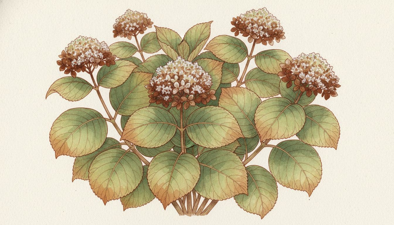 Pied d'hortensia macrophylla au feuillage dense et sans aucune fleur, avec des bourgeons bruns gelés en bout de tige, style aquarelle botanique