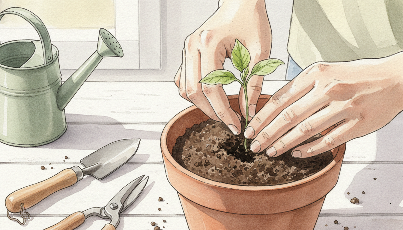 Mains qui plantent une jeune pousse dans un jardin de printemps, outils de jardinage en bois posés à côté, terreau noir, lumière douce du matin, style aquarelle botanique