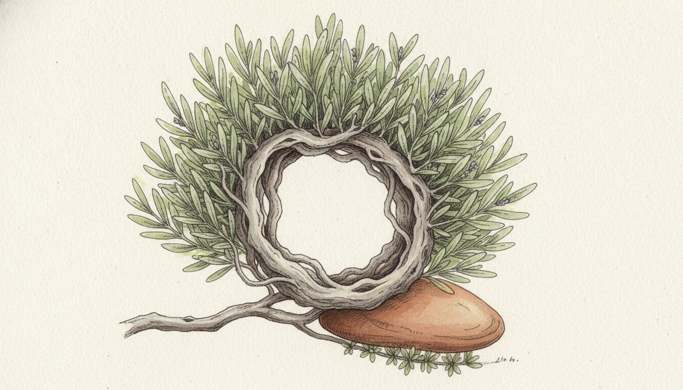 Vieux pied de lavande ouvert en couronne, bois gris au centre et bande verte en périphérie, avec une branche basse marcottée sous une pierre, style aquarelle botanique