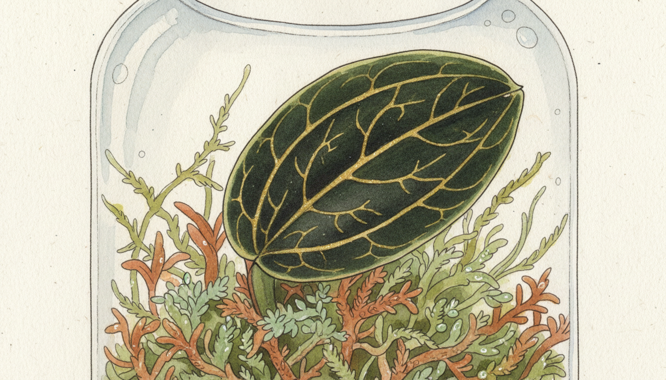 Feuilles veloutées vert sombre du Macodes petola avec nervures dorées scintillantes, en terrarium humide, style aquarelle botanique