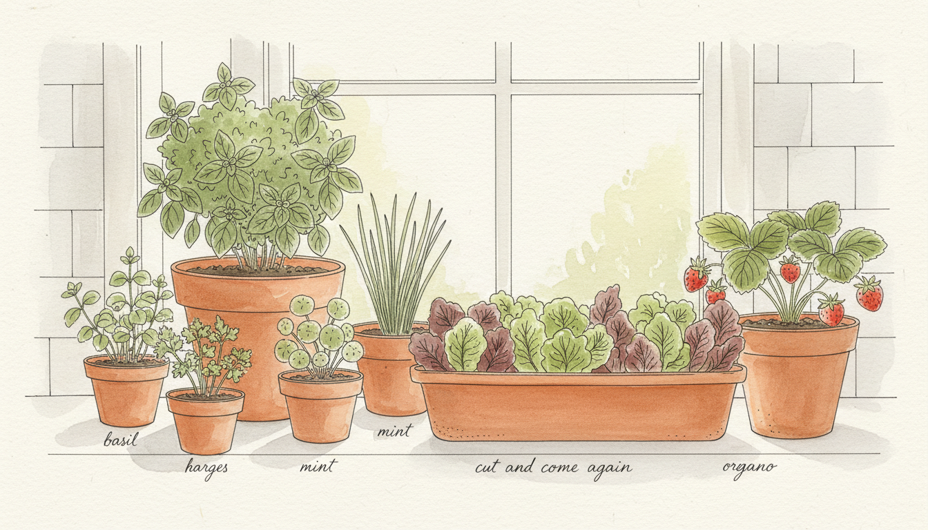 Rebord de fenêtre lumineux avec mini-potager d'intérieur — basilic, ciboulette, persil, menthe en pots terre cuite, salades dans un long bac, style aquarelle botanique