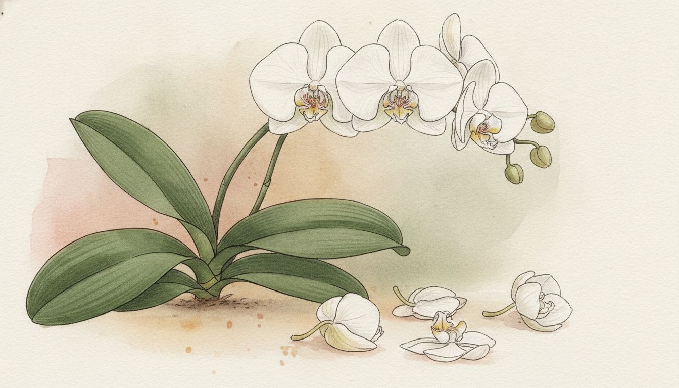Phalaenopsis blanc dont les fleurs du bas de la hampe sont tombées au sol, feuilles vertes et fermes, style aquarelle botanique