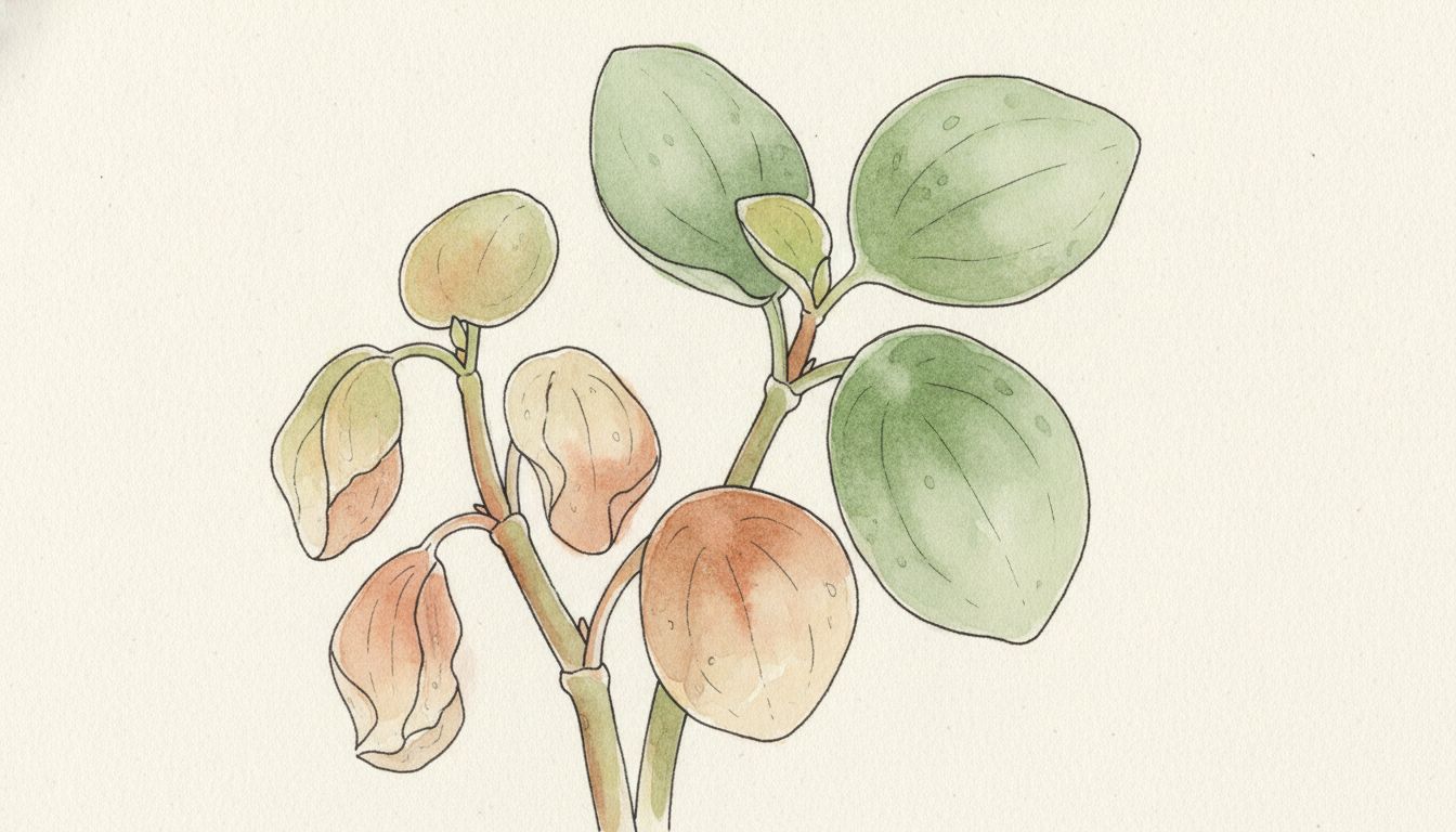Peperomia aux feuilles charnues affaissées et translucides sur les tiges du bas, à côté de feuilles saines fermes, style aquarelle botanique