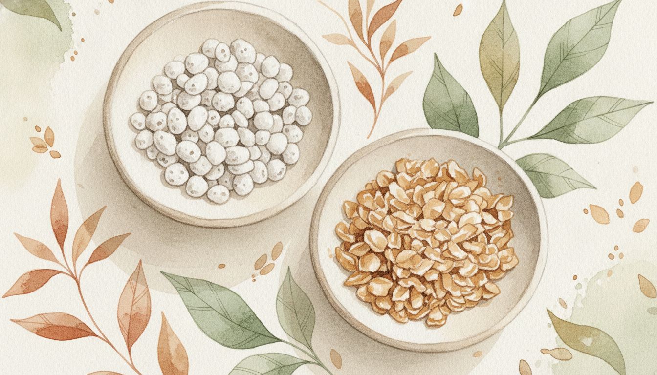 Deux coupelles côte à côte, l'une remplie de perlite blanche granuleuse, l'autre de vermiculite dorée en paillettes, style aquarelle botanique