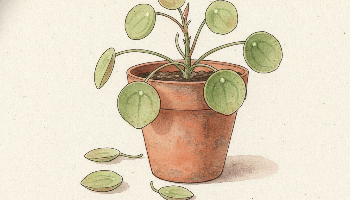 Pilea peperomioides à la tige partiellement dégarnie, quelques feuilles rondes tombées au pied du pot en terre cuite, style aquarelle botanique