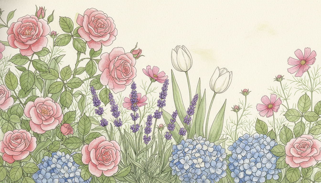 Composition de plantes fleuries variées — rosier rose, lavande, hortensia bleu, tulipes, pétunias — dans un jardin lumineux de printemps, style aquarelle botanique