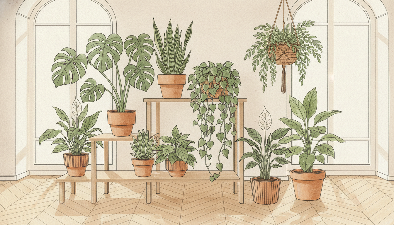 Salon parisien lumineux avec une dizaine de plantes d'intérieur — monstera, pothos, sansevieria, fougère — disposées sur des étagères en bois clair, style aquarelle botanique