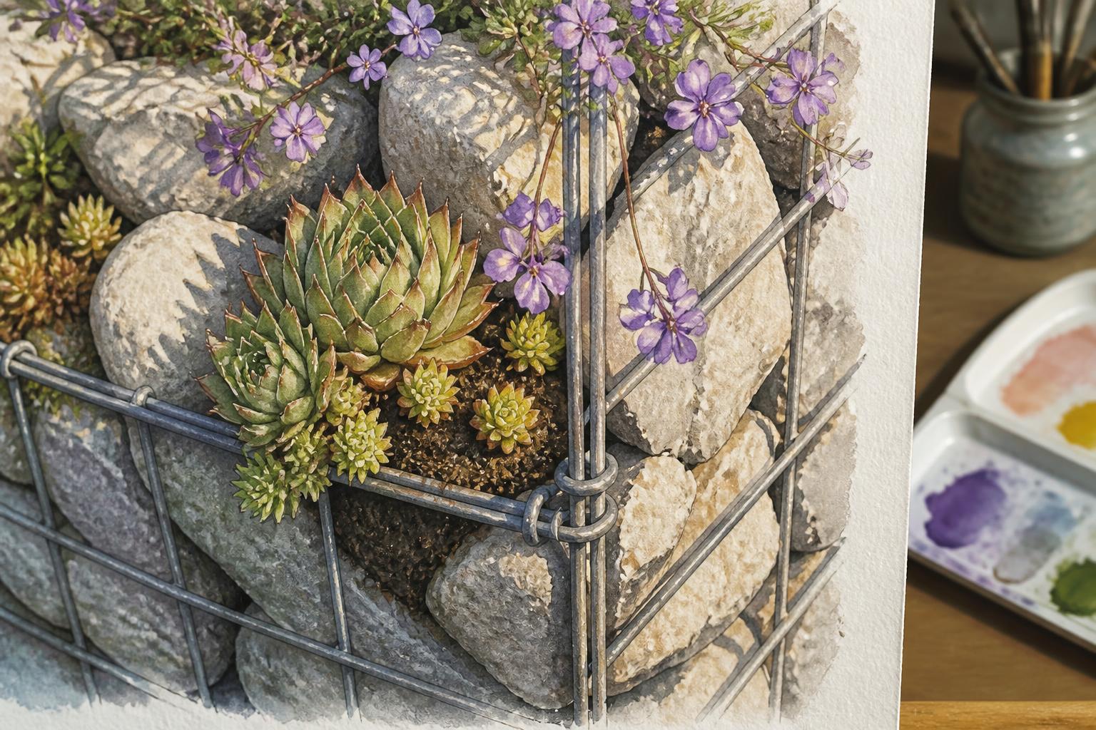Rosettes de joubarbe et coussins de sedum installés entre les pierres d'une cage de gabion, planche aquarelle botanique