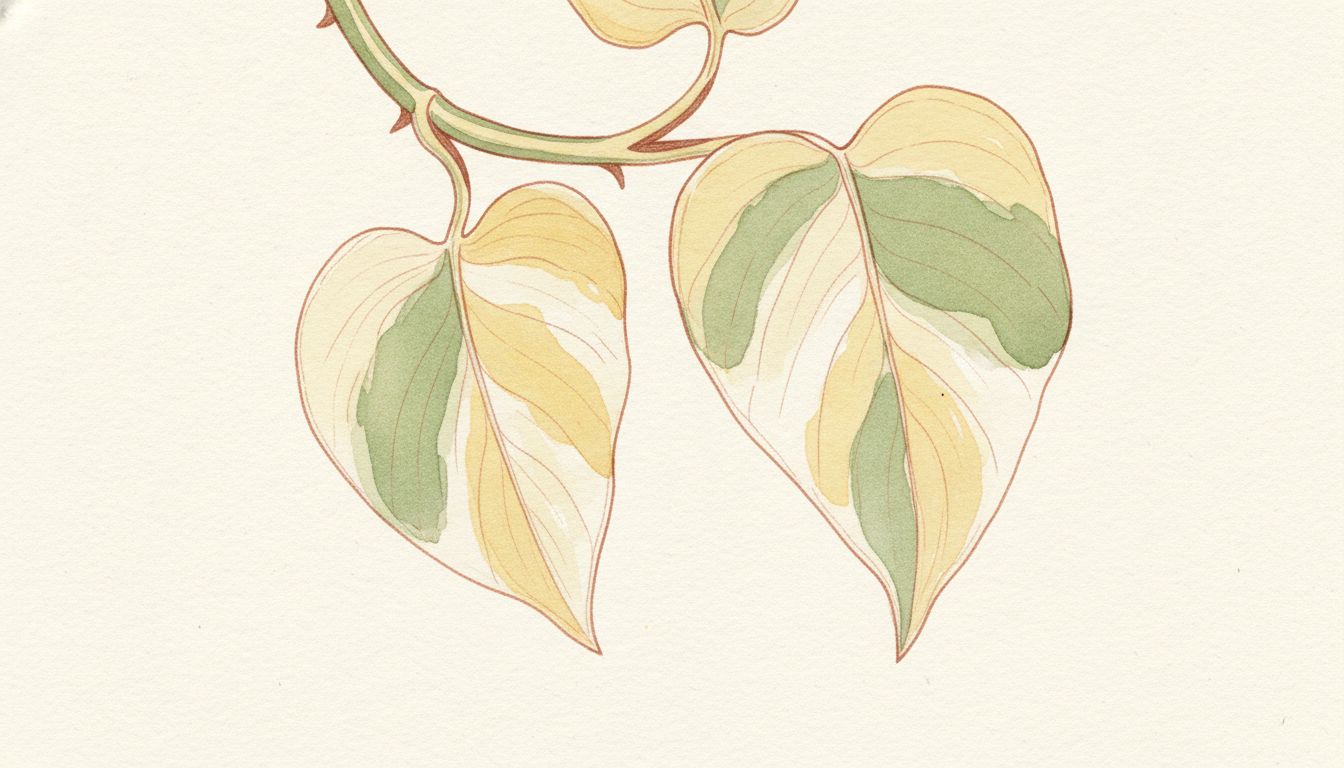 Tige de pothos doré aux feuilles panachées dont deux virent au jaune et retombent mollement, style aquarelle botanique
