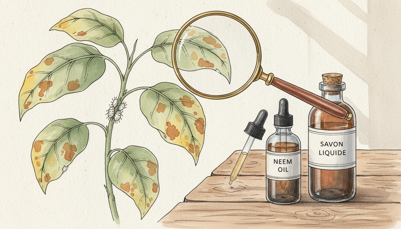 Feuille de plante d'intérieur avec une moitié saine vert vif et l'autre moitié montrant des taches jaunes et brunes, loupe posée dessus, style aquarelle botanique