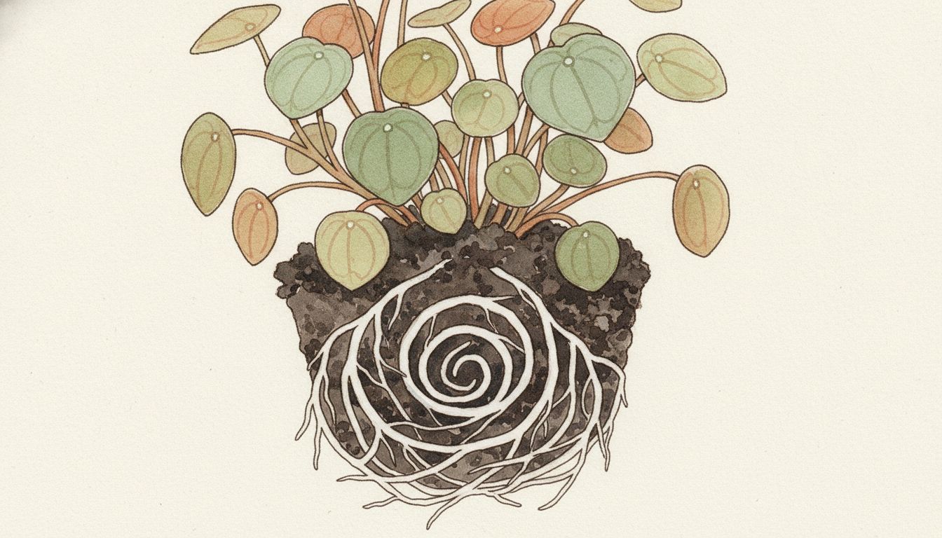 Motte de plante d'intérieur sortie de son pot, racines blanches enroulées en spirale autour du substrat, style aquarelle botanique