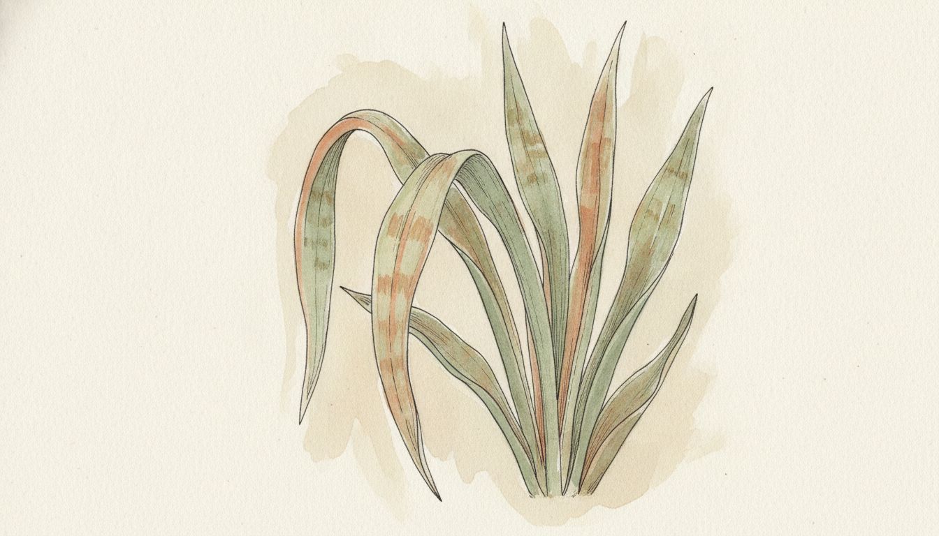 Sansevieria dont deux feuilles s'affaissent mollement à la base tandis que les autres restent dressées, style aquarelle botanique