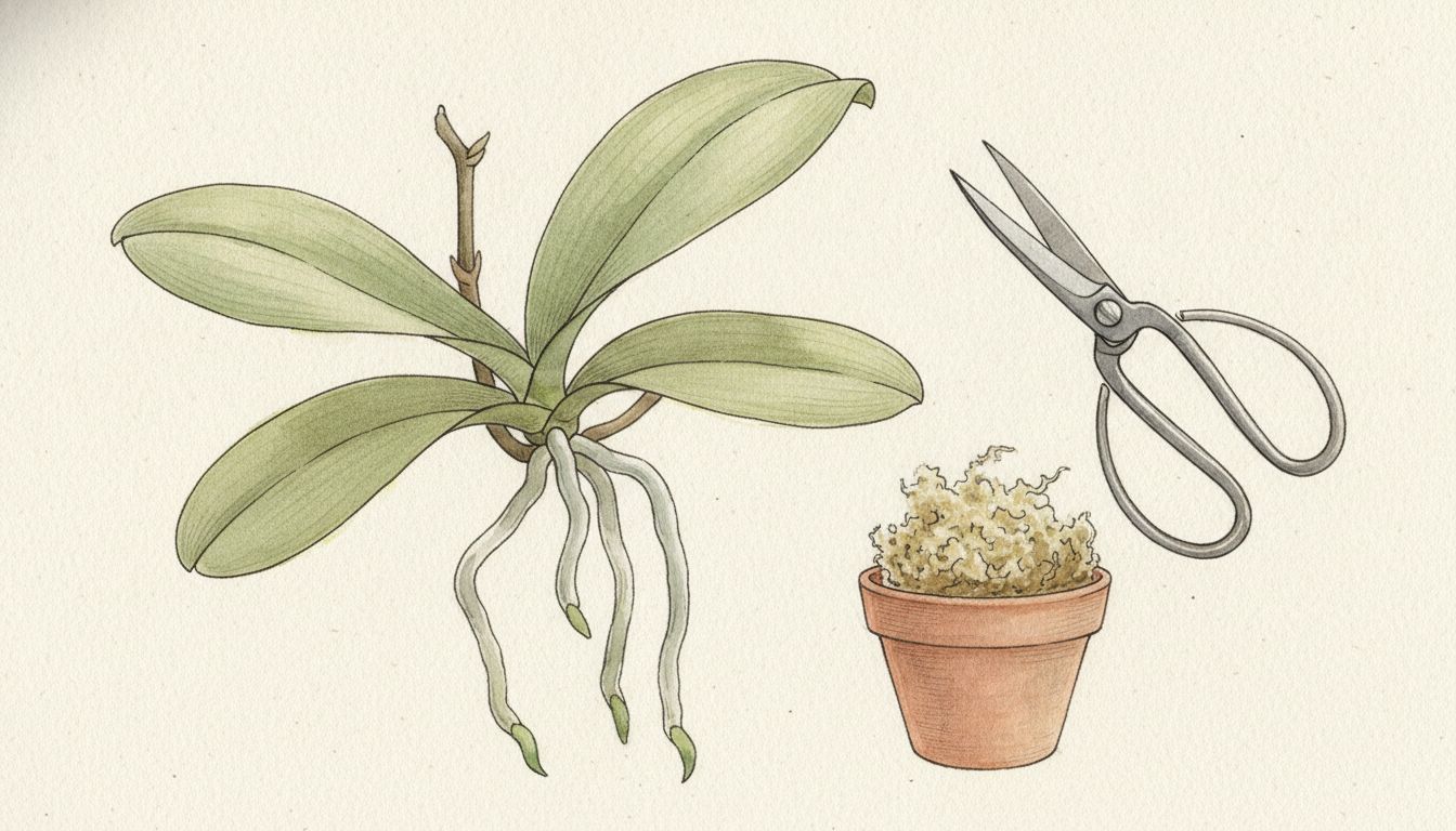 Keiki de phalaenopsis avec trois feuilles et racines aériennes sur une hampe florale, sécateur et pot de sphaigne à côté, style aquarelle botanique