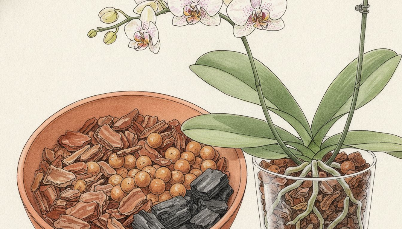 Écorce de pin calibrée, billes d'argile et charbon horticole dans une bassine, à côté d'un pot transparent et d'une orchidée Phalaenopsis, style aquarelle botanique