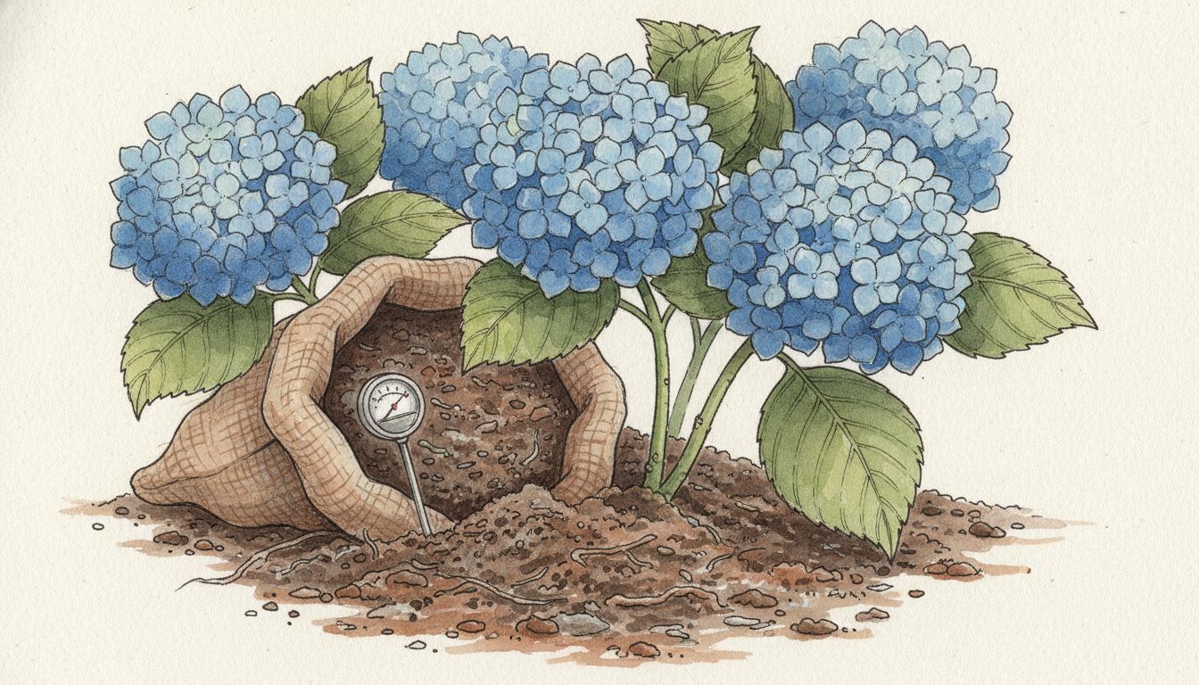 Sac de terre de bruyère ouvert au pied d'un hortensia bleu, testeur de pH planté dans le sol, style aquarelle botanique