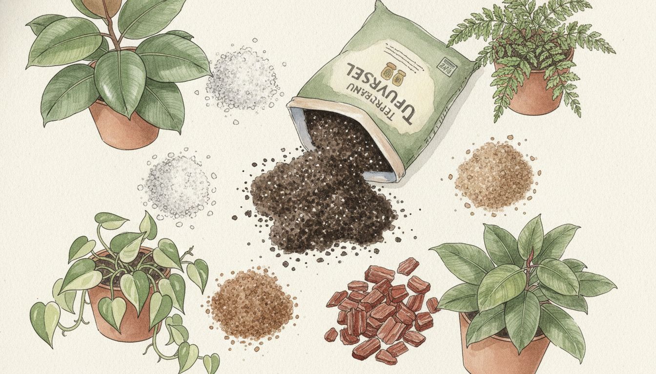 Sac de terreau universel ouvert entouré de perlite, sable grossier et écorce de pin, avec plusieurs pots de plantes différentes autour, style aquarelle botanique