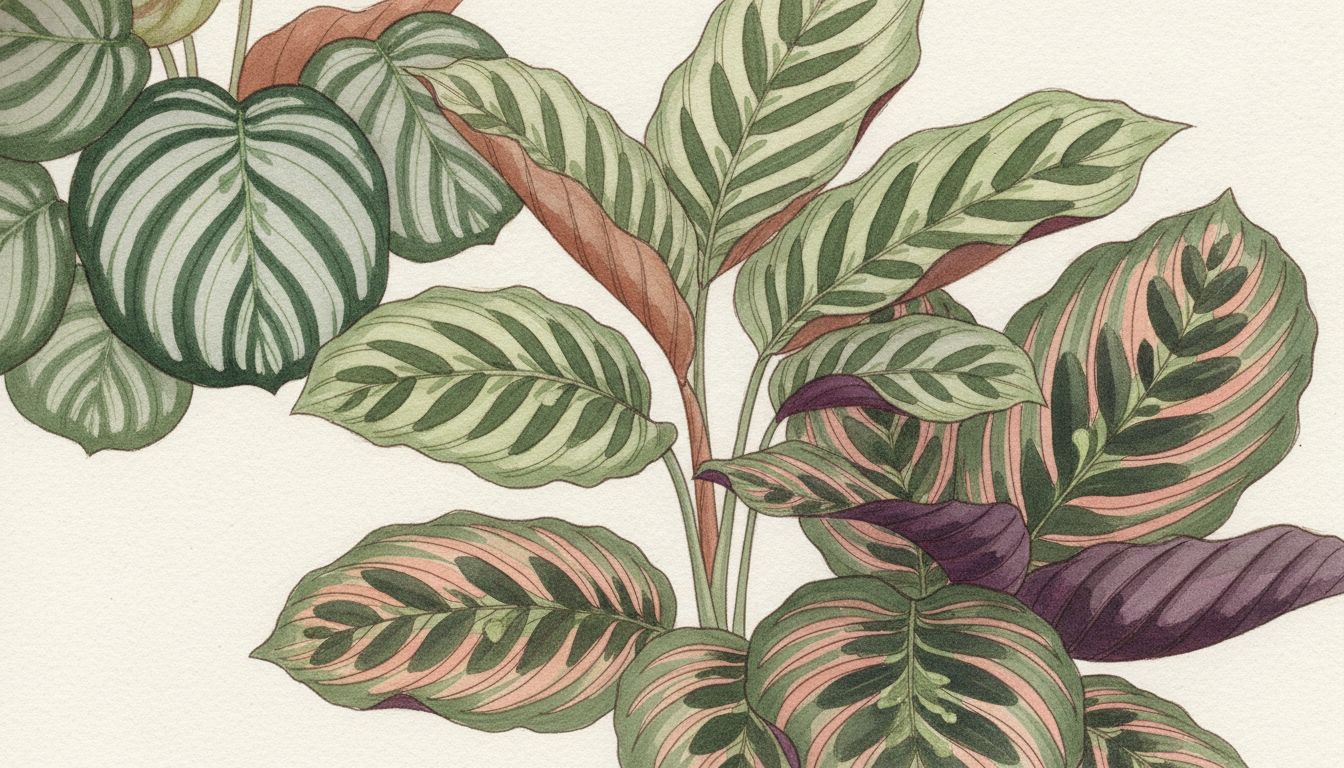 Plusieurs variétés de Calathea réunies, feuilles rondes rayées d'argent, feuillage zébré et stries roses sur vert foncé, revers pourpre visible, style aquarelle botanique