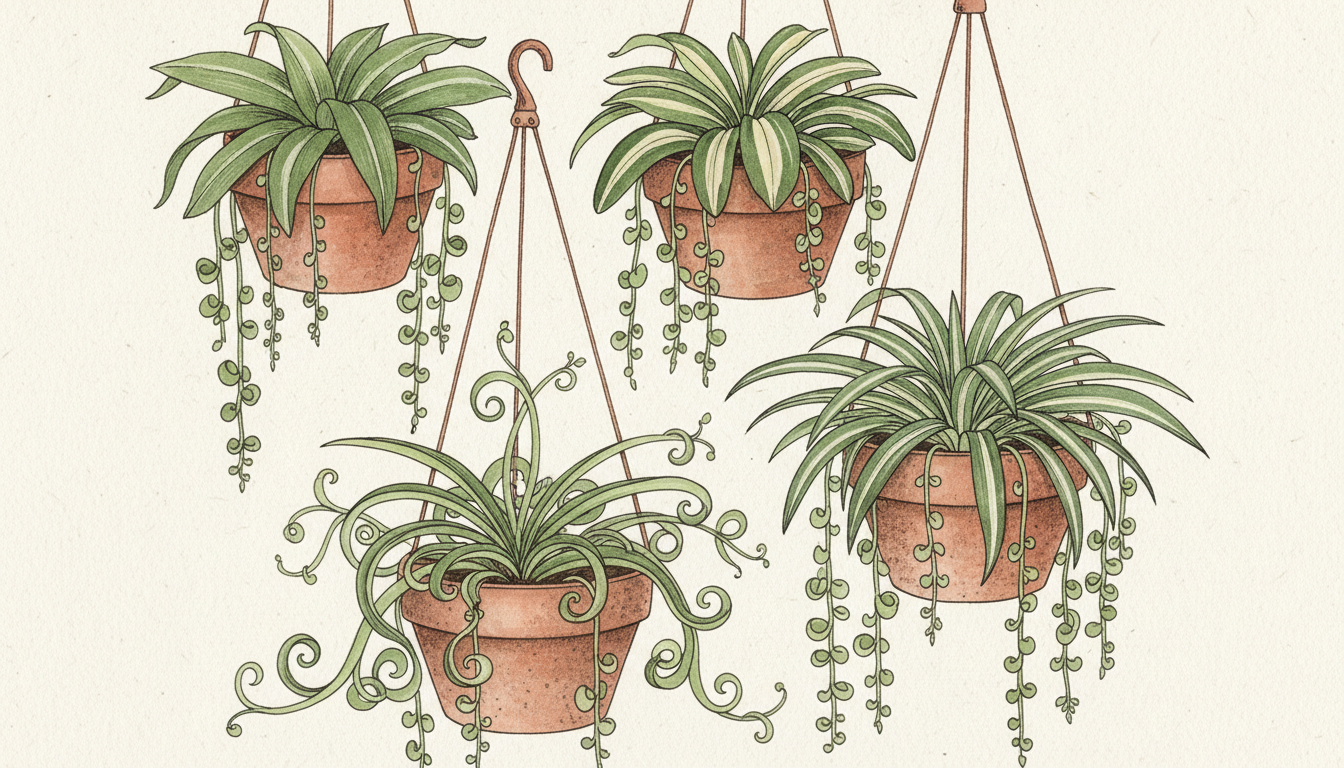 Plusieurs variétés de Chlorophytum en pots suspendus — feuilles panachées vertes et blanches, stolons avec bébés plantes, style aquarelle botanique