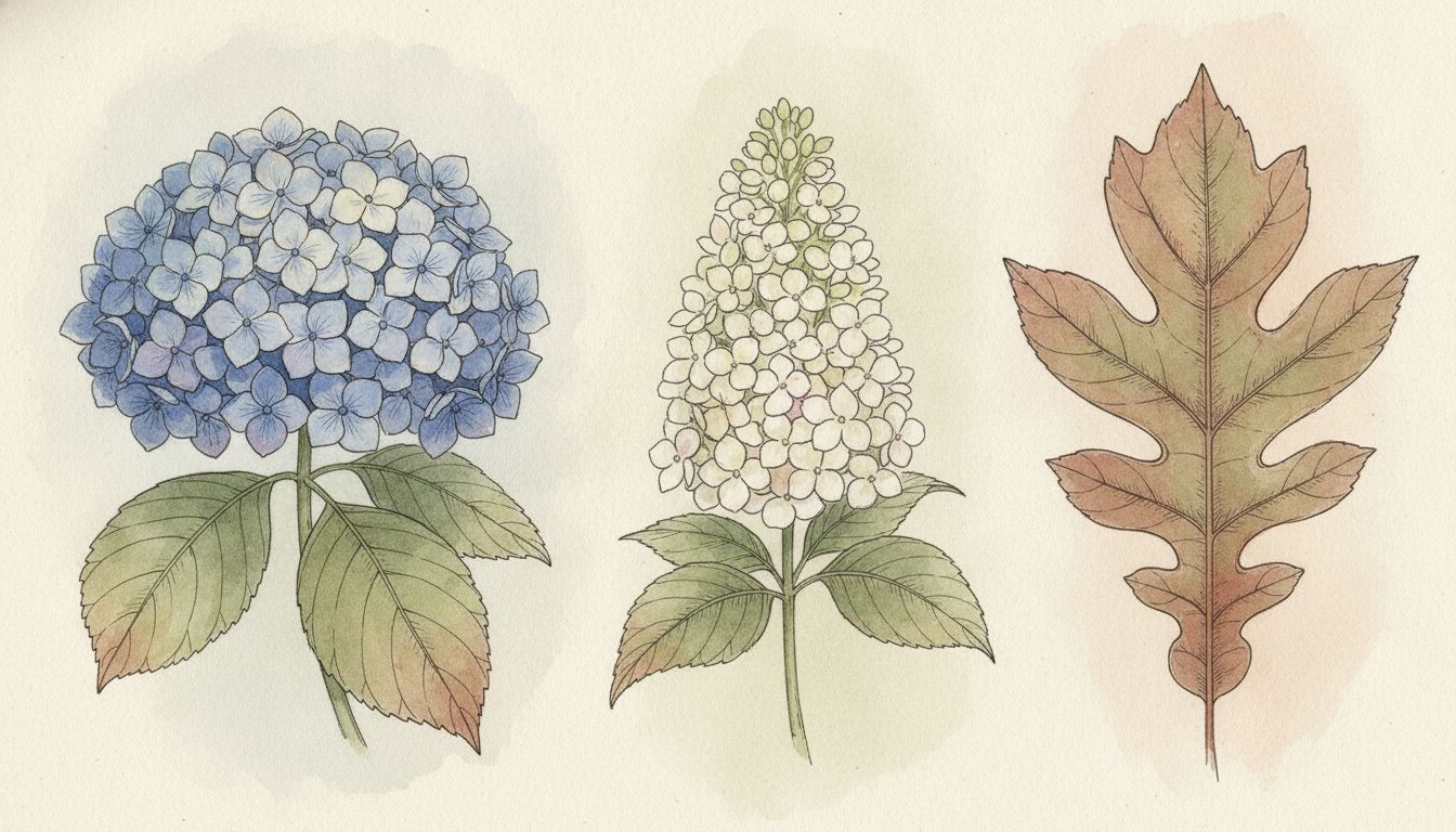 Trois hortensias côte à côte, boule bleue macrophylla, panicule blanche paniculata et feuille de chêne quercifolia, style aquarelle botanique