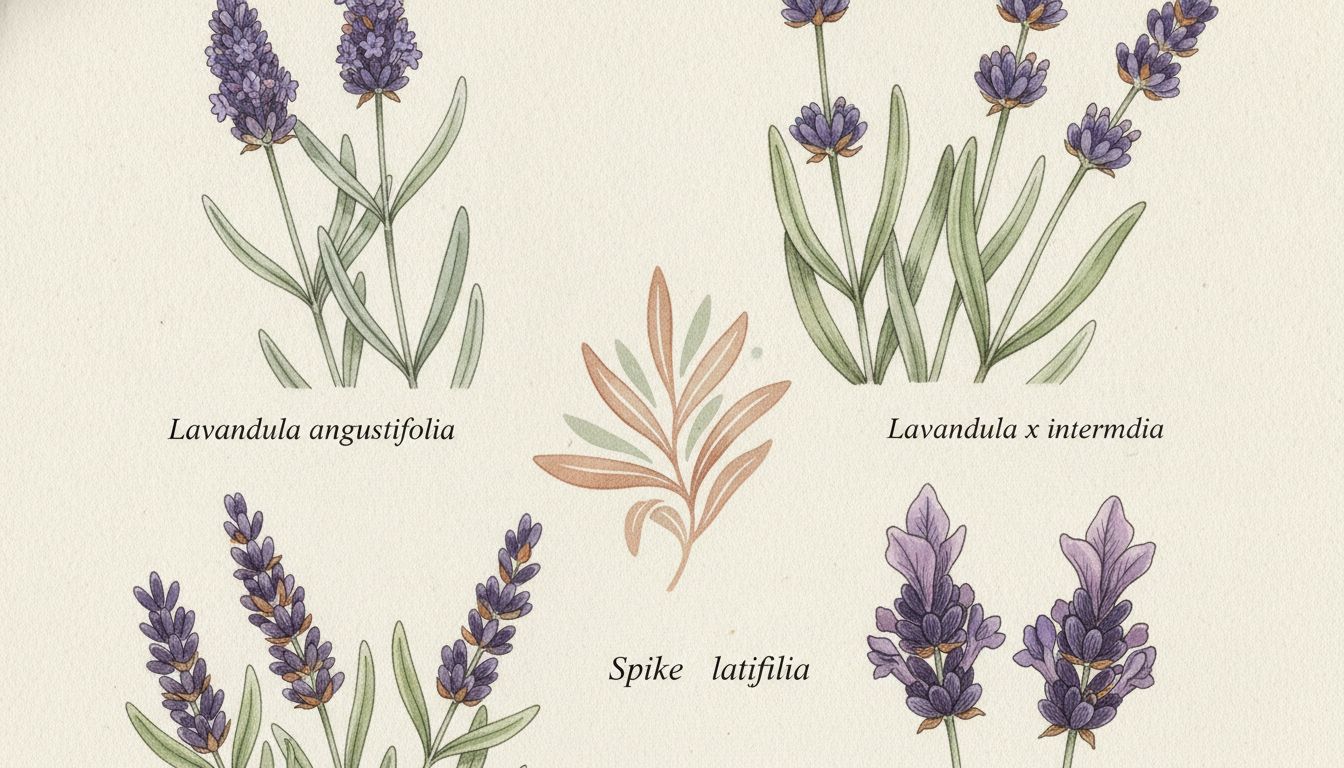 Planche comparative de quatre lavandes, angustifolia, lavandin, aspic et stoechas à toupet violet, style aquarelle botanique