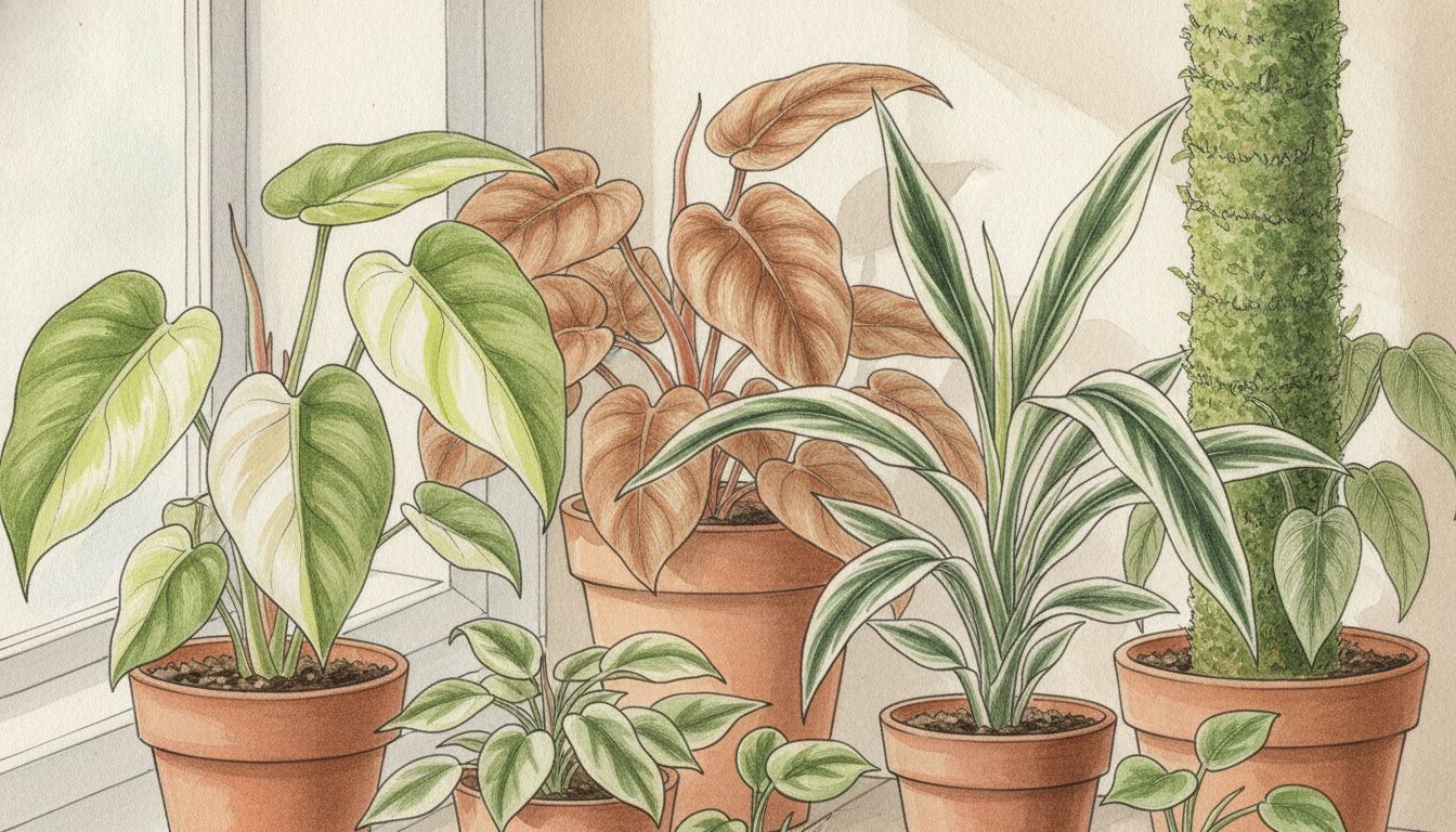 Plusieurs variétés de Philodendron en appartement, feuilles en cœur panachées de lime, feuillage velouté cuivré et feuilles rayées de blanc sur tuteur mousse, style aquarelle botanique
