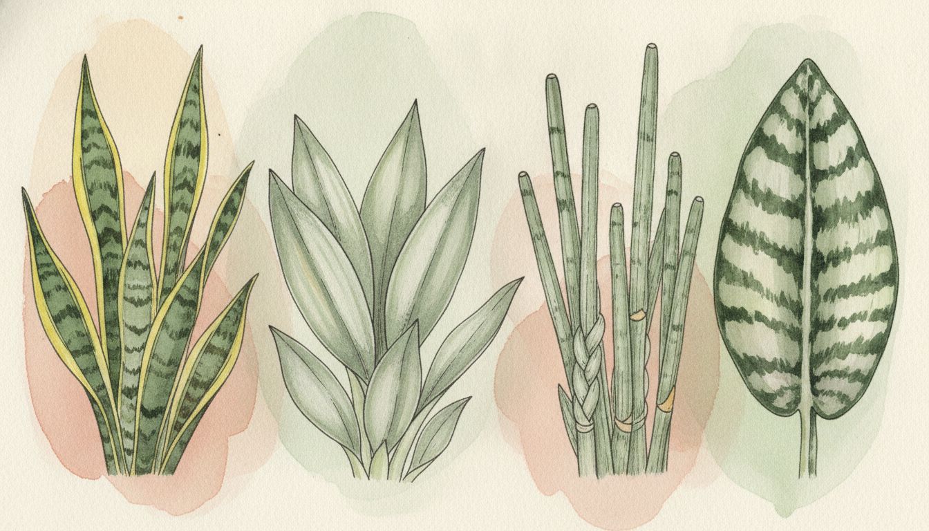 Plusieurs variétés de Sansevieria alignées, feuilles dressées bordées de jaune, feuillage argenté uni, tiges cylindriques et large feuille en palette, style aquarelle botanique