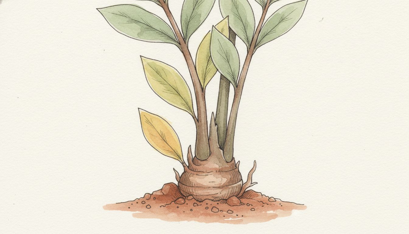 Tige de Zamioculcas dont les folioles du bas ont jauni, rhizome charnu partiellement dégagé du substrat, style aquarelle botanique